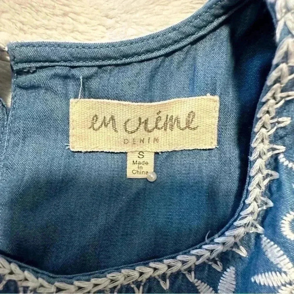 En Creme Blue Chambray Sleeveless Tunic Top Embroidered Mini Dress Size S - Picture 4 of 11
